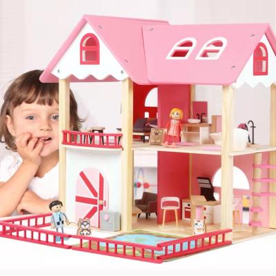 China 100% New Hot Sale Eco-friendly Shape Wooden Doll Houses Play Toys Wooden Doll House Large Size Pink Color Wooden Doll House Toys for sale