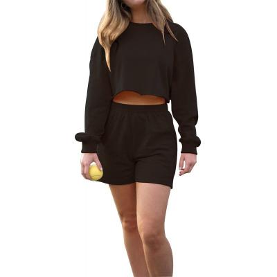 China Breathable Shorts Casual Women Two Piece Sets Crop Top Long Sleeve Workout Biker Shorts Cozy Two Piece Lounge Set Custom Label for sale