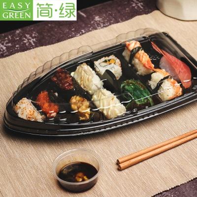 China Easy Sustainable Green Disposable Black Plastic Japanese Sushi Boat Container for sale