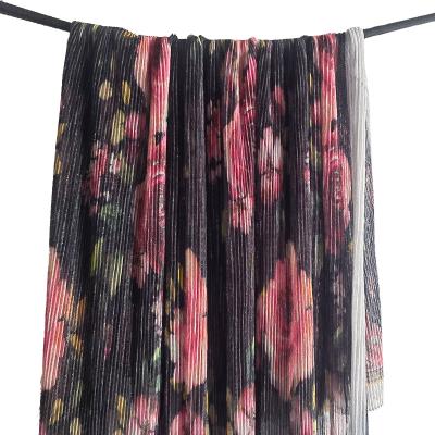 China Flora Metallic Black Fuchsia Print Pleated Metallic Sheer With Flower Print For Beach Skirt And Swimsuit for sale