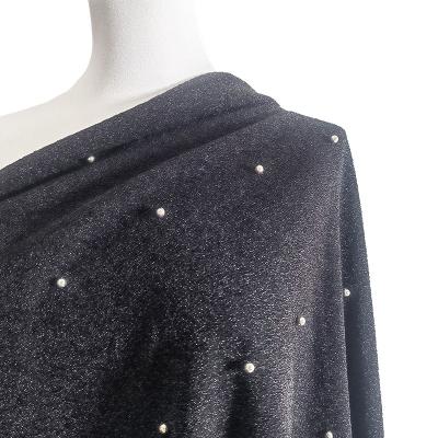 China Metallic Black Metallic Yarn Knitted Jersey Fabric With Stud Bead Pearl Embellishment for sale