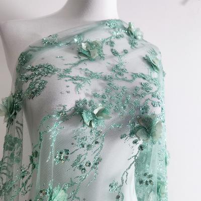 China Metallic Mint 3d Flower Embellished Lace Tul Shiny Glitter Tulle For Wedding Dress for sale