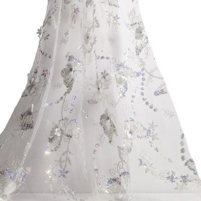 China Wedding Dress 3D Butterfly Flower Glitter White Beaded Lace Tulle To Wedding Sequin Fancy Designed Veil for sale