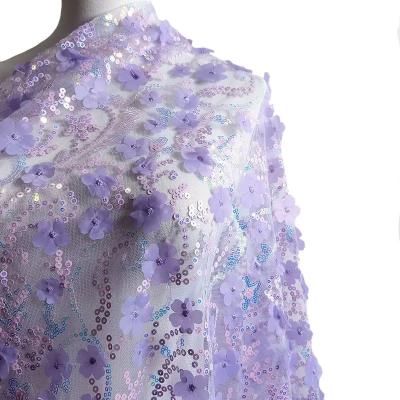 China Lavender Metallic Patterned 3mm Holographic Sequin With 3D Flower For Evening Dress for sale