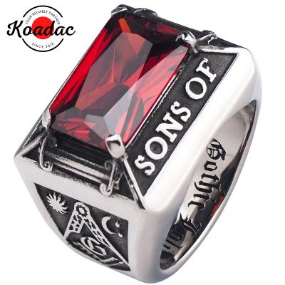 China Red Crystal Emerald Zircon Diamond Stainless Steel Rings Retro Gemstone Square Mens CLASSIC Antique Titanium Rings for sale