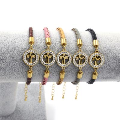 China 2021 Stainless Steel Charm Religious Adjustable Size Gold Bracelets JESUS ​​Diamond Leather Braided Rope Christian New Jewelry for sale