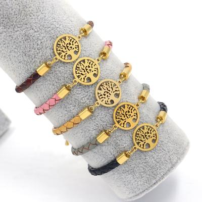 China Tree Of Life Stainless Steel Charm Adjustable Size Gold Genuine Leather Bracelets Wholesale Jewelry CLASSIC Customization New for sale