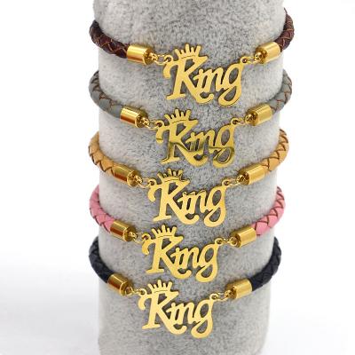 China Present 2021 TRENDY for King Genuine Leather Braided Gold Bracelets Mens Stainless Steel Adjustable Hand Strap for sale