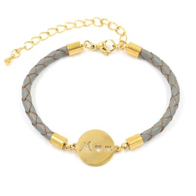 China TRENDY Personalized Jewelry For Mom Stainless Steel Charm Genuine Leather Gold Adjustable Bracelet for sale