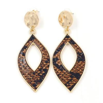 China 2020 New Fashion TRENDY Leaves Shape Snakeskin Pattern Artificial Leather Alloy Gold Plated Stud Earrings For Women for sale