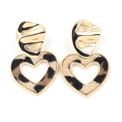 China New BOHEMIA Leopard Pattern Alloy Romantic Heart Shaped Pendant Artificial Leather Earrings Gold Plated For Women for sale