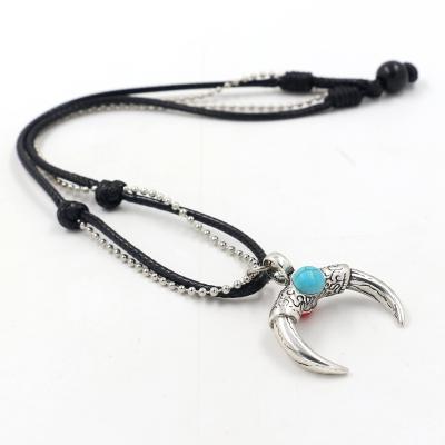 China Ethnic Creative Vintage Alloy Horn Shape Turquoise Two Tone Handmade Short Ethnic Pendant Necklaces For Men for sale