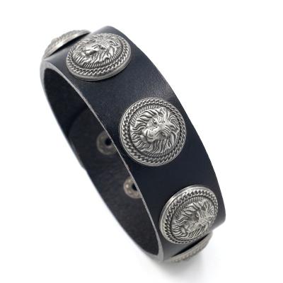 China Personality Punk Accessories Mens Alloy Lion Head Rivet Wide Genuine Leather Bracelet Bangles for sale