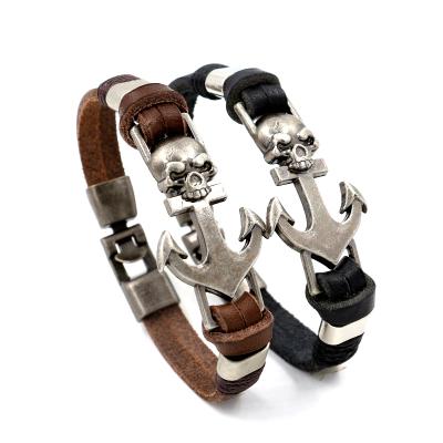 China Wholesale Custom Punk Rock Style Mens Anchor Navy Style Skull Handwoven Genuine Leather Bracelets for sale