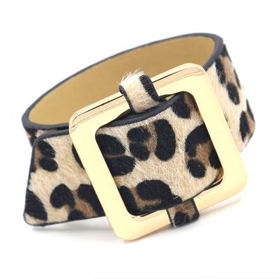 China FASHIONABLE Horse Adjustable Golden Wide Hair Leopard Buckle Personality PU Belt Leather Bracelets For Women for sale