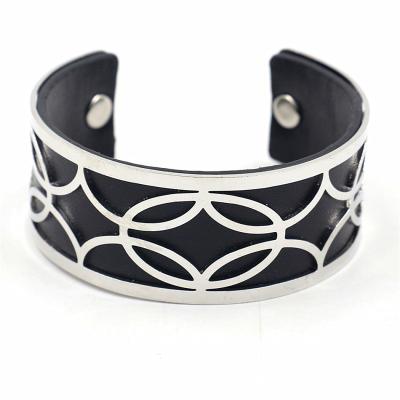 China Trendy Silver Plated Exchangeable Leather Geometry Party Wide Hollow Open Bangle Cuff Bracelets Fashion Jewelry for sale