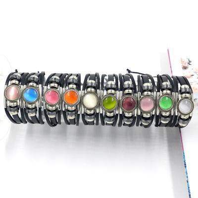 China Handwoven Vintage Multicolor Opal Jewelry Bracelet Men and Women Creative Adjustable Beaded Leather Bracelets for sale