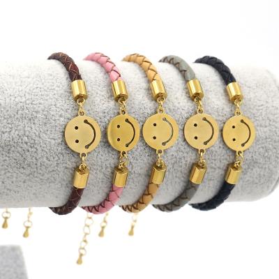 China CLASSIC Custom Face Smiley Charm Bracelet Adjustable Genuine Gold Stainless Steel Leather Bracelets For Women for sale