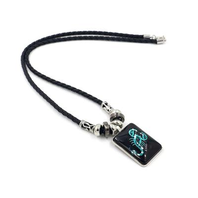 China FASHIONABLE Custom Time Gem Necklace Woven Leather Rope Alloy Square 12 Time Constellations Pendant Gem Zodiac Necklaces for sale