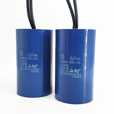 China Low dissipation factor cbb60 capacitor 8uf 450V CBB60 ac motor boarding and handling capacitor 40 70 21 fan capacitor for sale