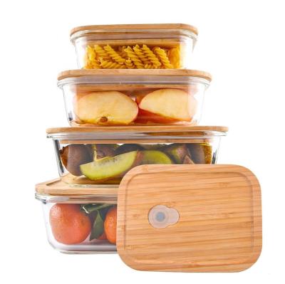 China Viable Hot Sales New Style Glass Food Container Strip Food Bowl With Bamboo Lid for sale