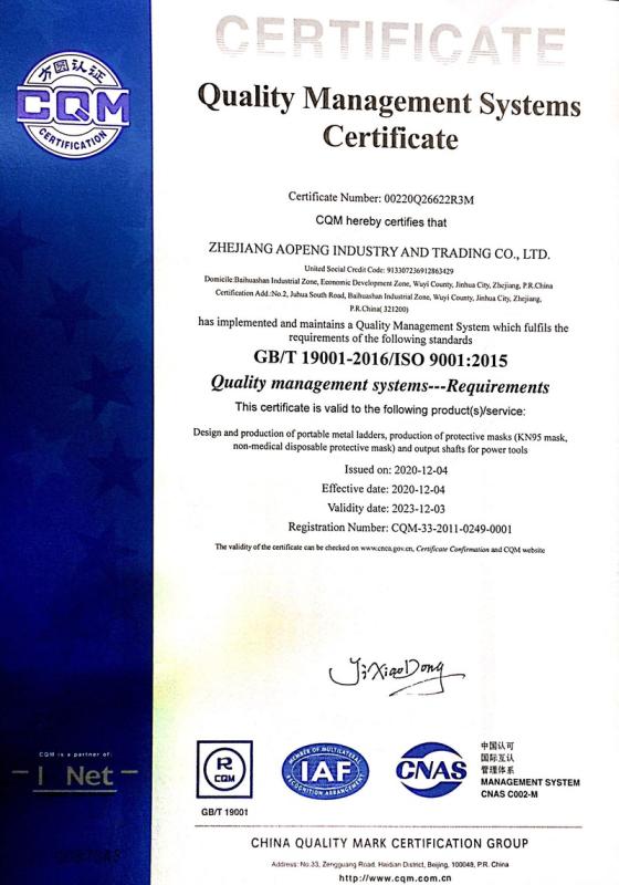 ISO9001 - Zhejiang Aopeng Industry And Trading Co., Ltd.