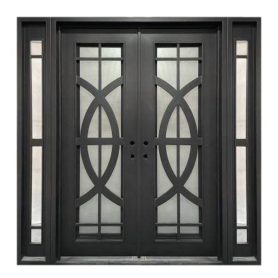 China Single French Entry Square Sound Insulation Security Top Black Wrought Iron Double Doors With Sidelights Design for sale