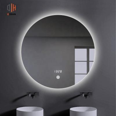 China Hotel Light Touch LED Lighted Bathroom Digital Clock Anti-fog Waterproof Backlit Bathroom Mirror Y501 for sale