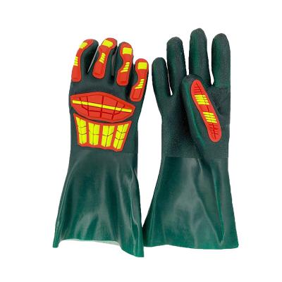 China Machinery Sandy Coated Anti Slip Cotton Long Interlock Liner Cuff PVC Chemical Resistant Glove for sale