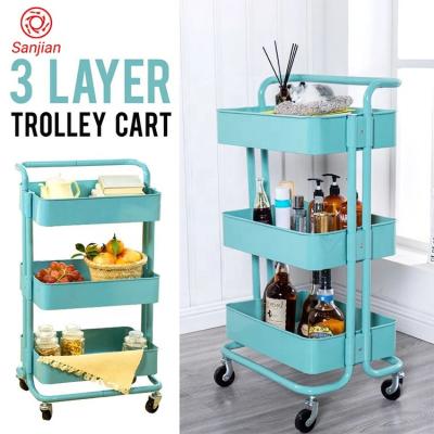 China Mobile Home Storage Kitchen Bathroom Organize Trolley Metal Rolling Storage Rack 3 Tier Trolley Utility Cart for sale