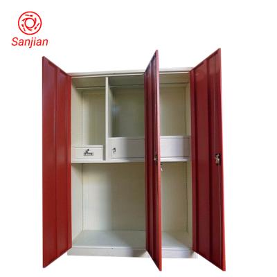 China Wardrobe Customize almirah Red Modern Steel Metal Swing Doors 2 Locker Bedroom Clothes Storage Wardrobe With Mirror for sale