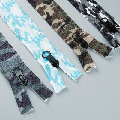 China Sustainable Camouflage Open End Separated Invisible Hoodies Zipper Resin Zips For Clothes for sale