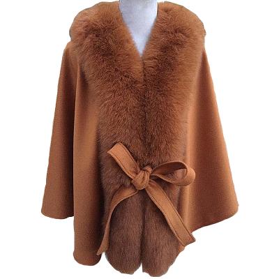 China Wholesale Cashmere Plus Size Poncho With Fox Fur Poncho Ladies New Style Winter Fox Fur Poncho Over Size Fox Fur Capes With Cashmere Belt for sale