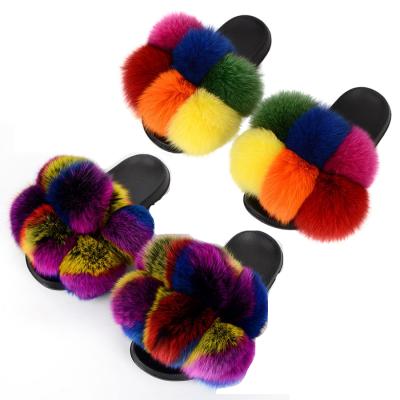 China CUSHIONING real fox fur ball 2021 winter lady fur sandals mixed color slippers for women 2 piece mosaic color fox fur slides for sale