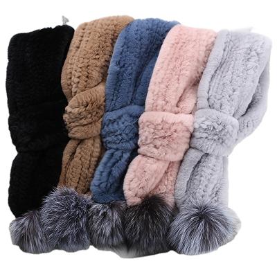 China Ring Scarves Real Rex Rabbit Fur Scarf Plus Size Rex Rabbit Fur Winter Women Scarf Winter Fur Scarf With Silver Fox Fur Pompoms for sale