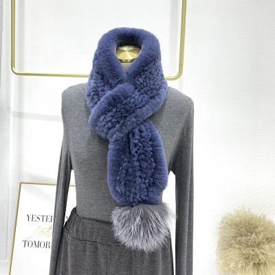 China Plus Size Fur Muffler Ladies Rex Rabbit Fur Scarf Winter Wear Warmer Thick Soft Fur Scarf Mufflers With Silver Fox Fur Pompoms for sale