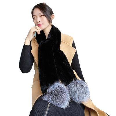 China Luxury Plus Size Rex Rabbit Fur Long Scarf Women's Ring Scarves Shawl Soft Thick Muffler Fur Muffler Neck Scarf New With Silver Fox Fur Pompoms for sale