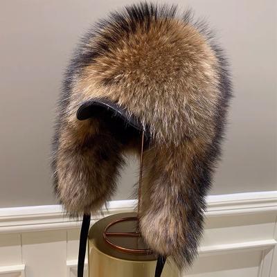 China COMMON winter raccoon fur russian trooper hat with leather hat brim silver fox fur russian ushanka hat for man and women for sale