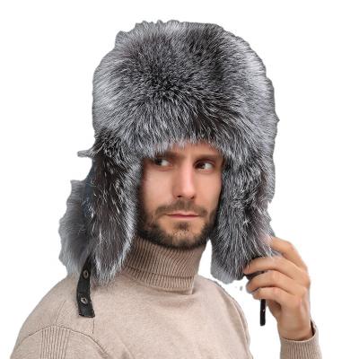 China 2021 Mr and Mrs COMMON Silver Fox Fur Russian Ushanka Hat for Man and Women Black Leather Earflap Tropper Hat with Silver Fox Fur for sale