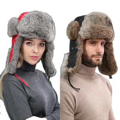 China COMMON Women's and Men's Winter Rabbit Fur Trooper Hats Real Thick and Warmer Real Rabbit Fur Bucket Hat for sale