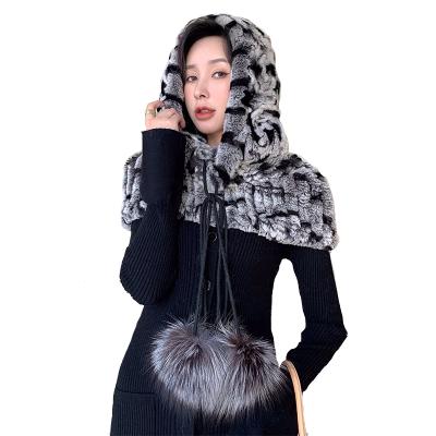 China Real Rex Rabbit Fur Shawl With Capes Stoles Fox Pompoms Woven Poncho Hooded Women Fashion Knit Hood Elastic Woven Rabbit Fur Real Rex Rabbit Fur Shawl for sale