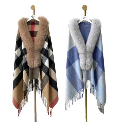 China Plus size cashmere shawl with fox trim women real fox fur shawl caps fox fur collar with cashmere wool winter scarf for sale