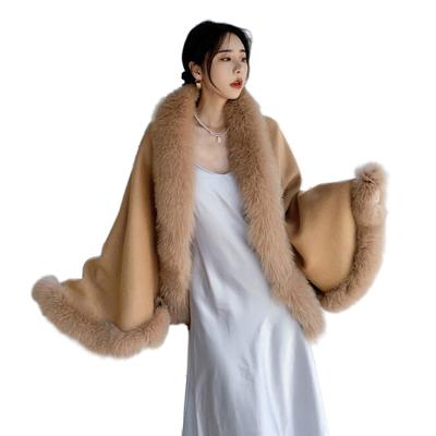 China Plus size cashmere shawl with fox fur capes winter fox fur poncho ladies cashmere wool elegant shawl largest with fox fur collar for sale