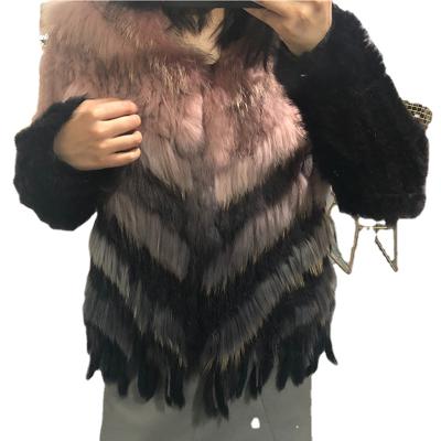 China Fast Delivery Anti-wrinkle Winter Use Real Rabbit Fur Jacket For Women With Raccoon Fur Stripes Winter Fur Coat Along for sale