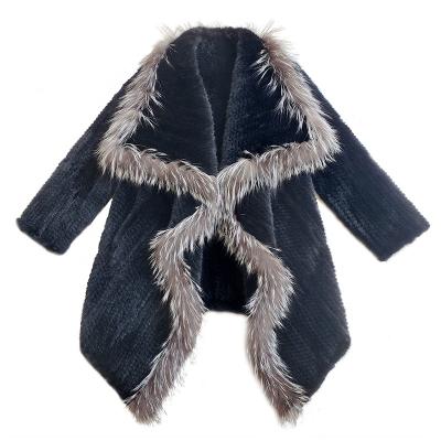 China Wholesale Anti-wrinkle Luxury Mink Fur Coat Women Winter Plus Size Knit Mink Fur Coat Long Big Collar Silver Fox Fur Oversized Jacket for sale