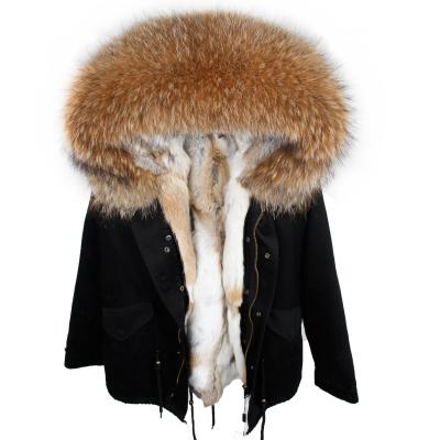 China hot sale women Anti-wrinkle parka coat with real rabbit fur lining ladies parka coat with raccoon fur collar fox fur hooded parka jacket for sale