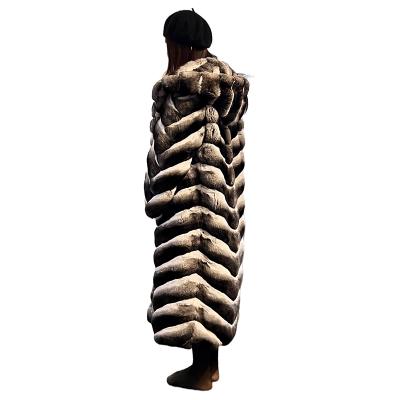 China Real Crown Anti-wrinkle Long Chinchilla Fur Coat With Huge Hood Women Plus Size Chinchilla Fur Long Jacket for sale