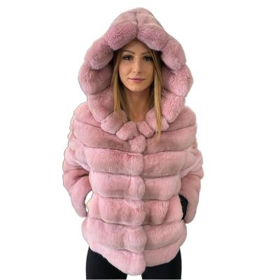 China Winter New Arrival Luxury Anti-wrinkle Over Size Chinchilla Fur Jacket Women Rex Rabbit Fur Coats With Hood for sale