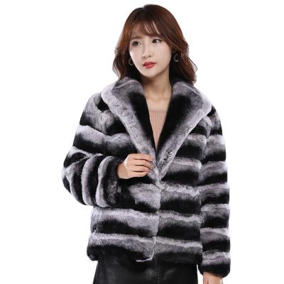 China Winter Sale Ladies Warm Chinchilla Rex Rabbit Fur Coat Fashion Women Fur Coat Anti-wrinkle Rex Rabbit Fur Coat With Bigger Collar for sale