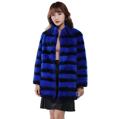 China 2021 New Anti-wrinkle design products chinchilla color Rex Rabbit Fur Coat for women fashion royal blue rex rabbit fur coat stand collar for sale